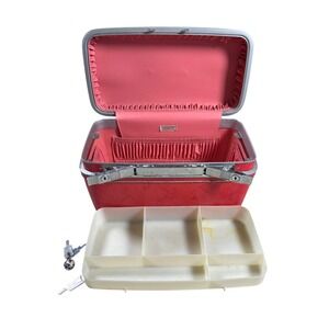 Vintage Samsonite Silhouette Train Case Red Hard Shell Makeup Vanity Box Keys